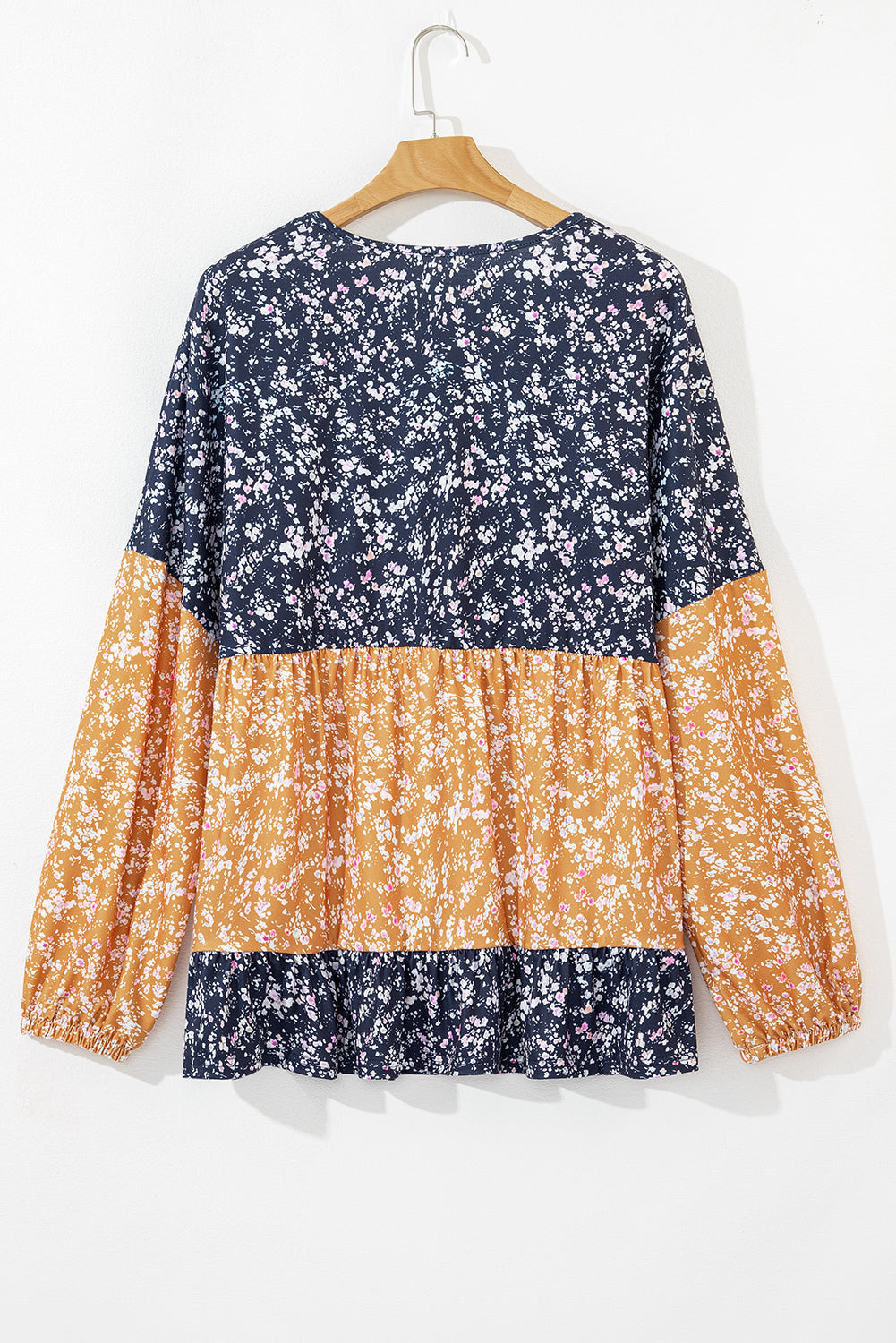 Blue Floral Colour Block Patchwork Ruffled Hem Round Neck Blouse eAura