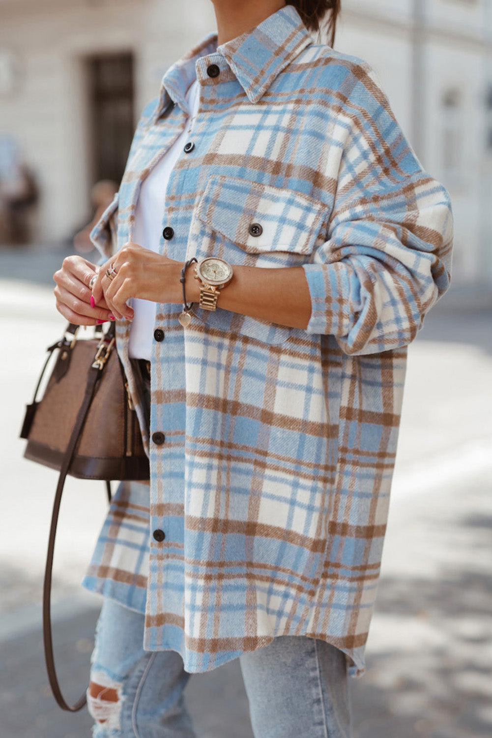 Sky Blue Plaid Flap Pocket Long Sleeve Shacket Beagle Boutique Fashion Outlet