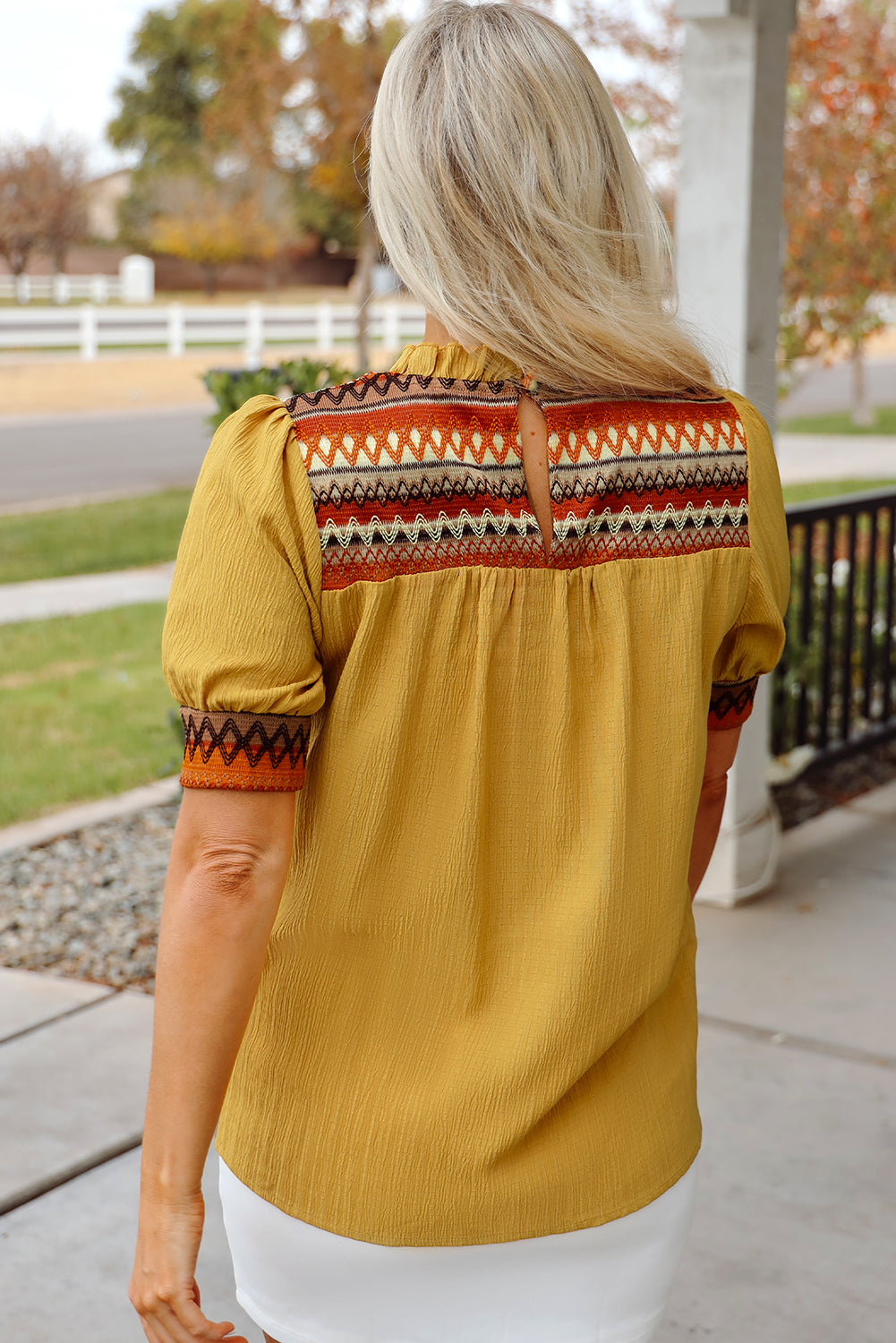 Mustard Geometric Short Puff Sleeve Frilled Collar Blouse eAura