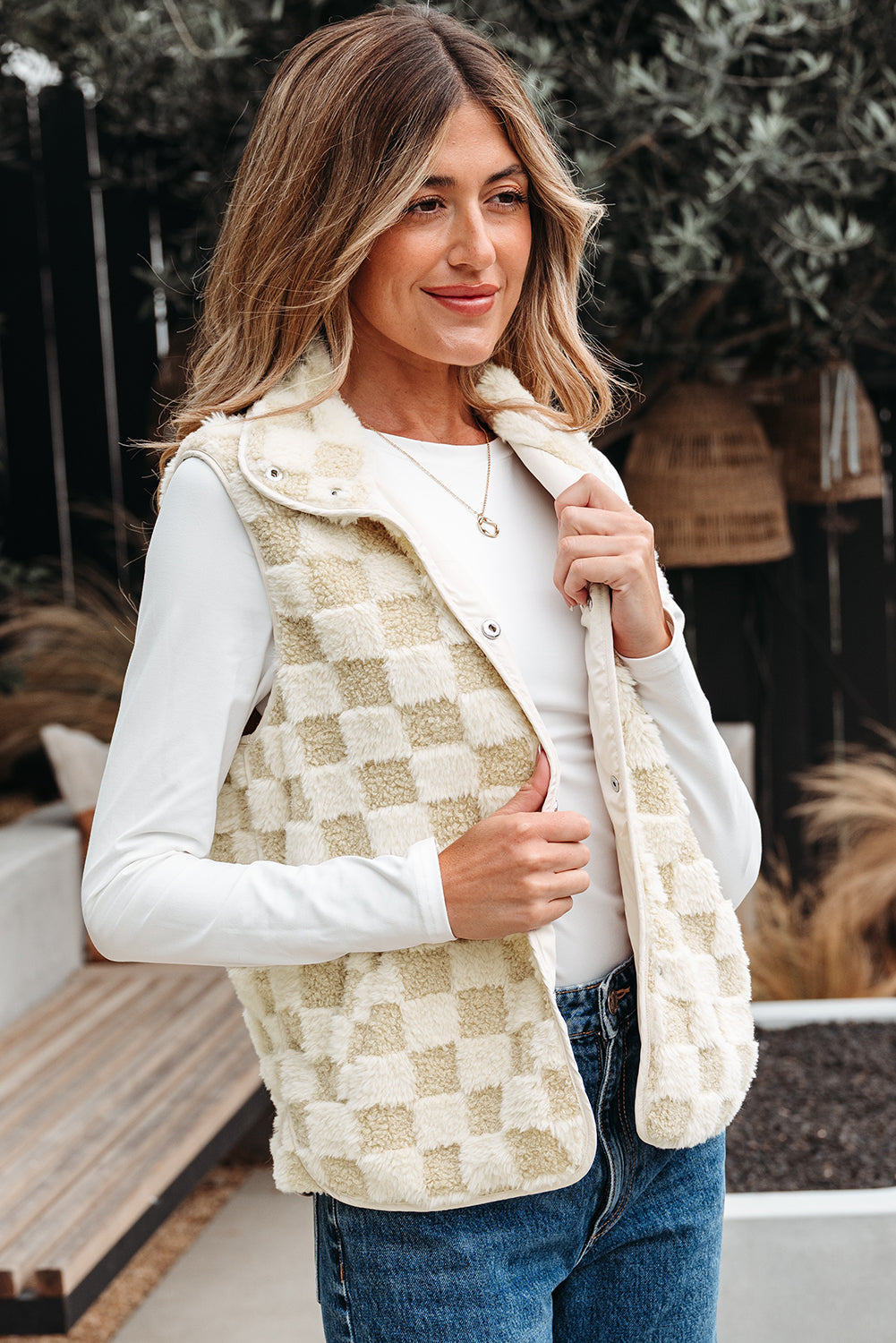 Sherpa Checkerboard Snap Button Gilet Jacket With Pocket eAura