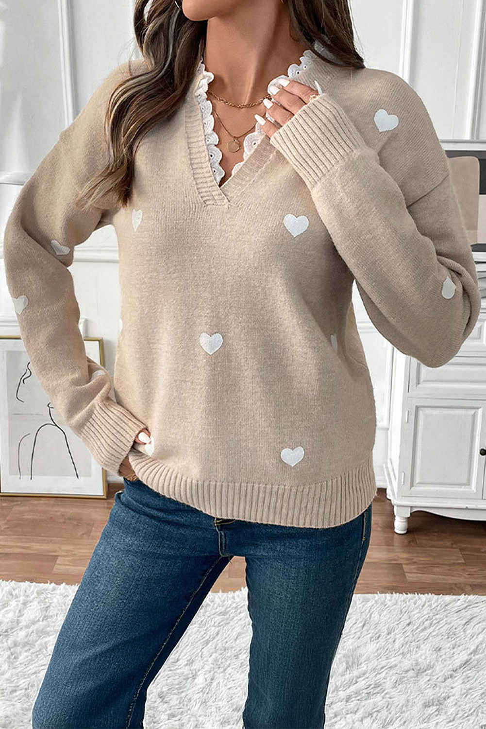 Heart Print Lace Splicing V Neck Valentines Sweater eAura