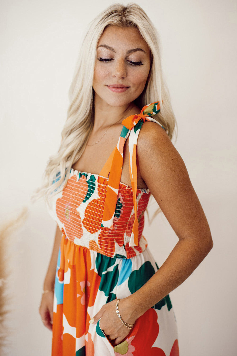 Orange Floral Self Tied Straps Smocked Bust Maxi Dress eAura