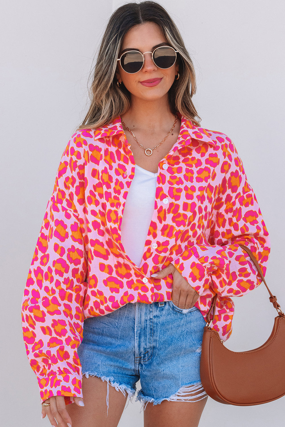 Rose Leopard Printed Button Up Loose Shirt BB Fashion Outlet