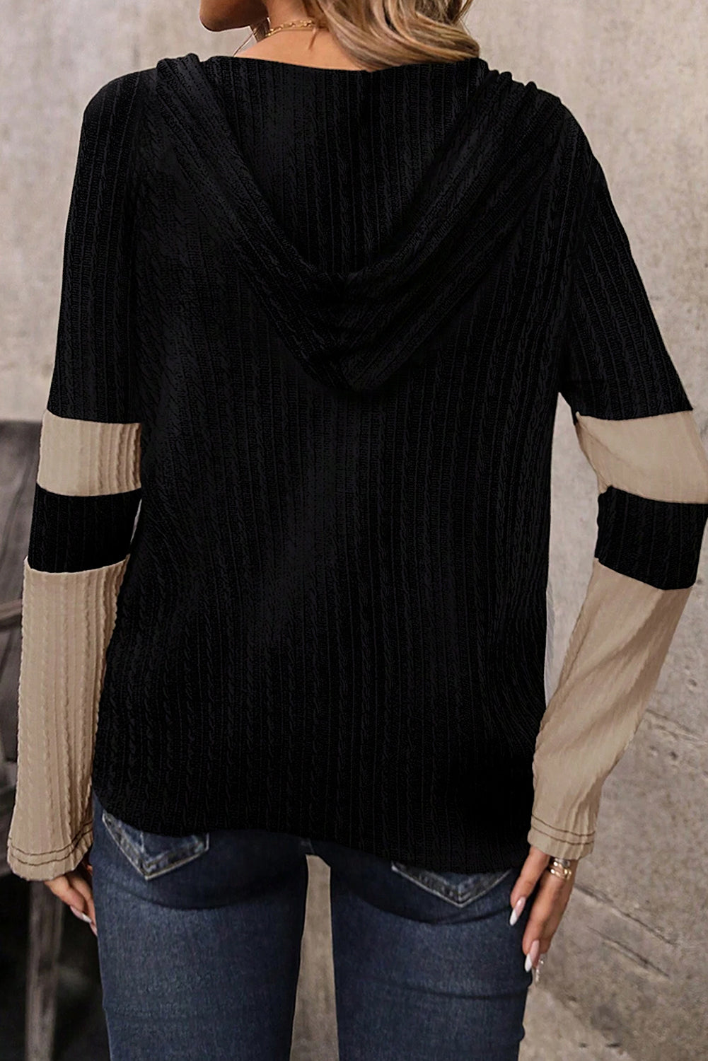 Parchment Textured Colourblock Long Sleeve Quarter Zip Drawstring Hooded Top eAura