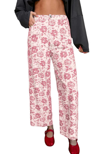 Pink Vintage Floral Print Denim Shift Jeans