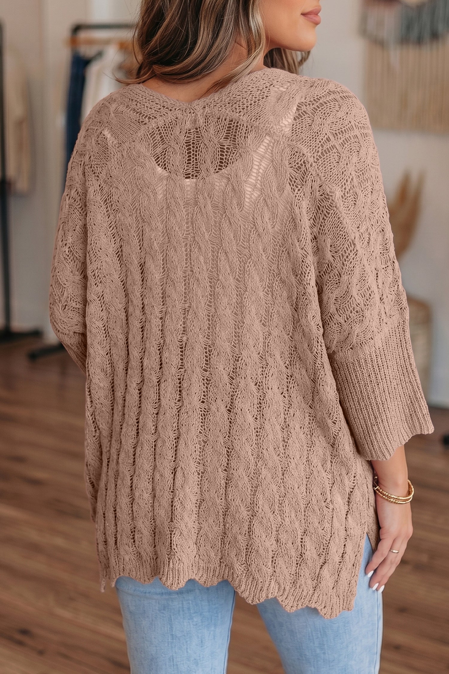 Hollowed Pattern Knit Drop Shoulder Open Sweater Cardigan – Old Rose