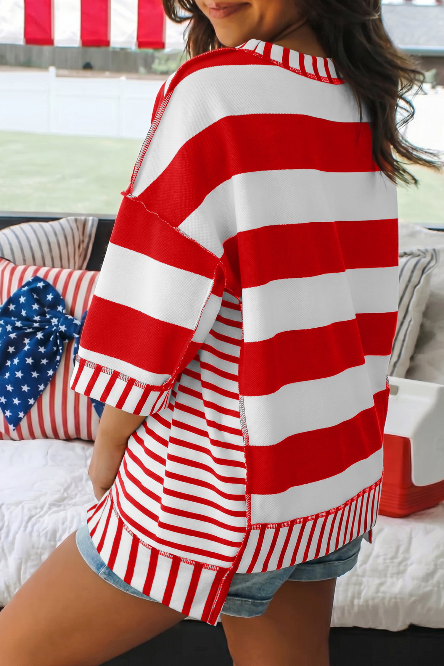 Sequin Bow Patriotic Half Sleeve Top – Red Stripe