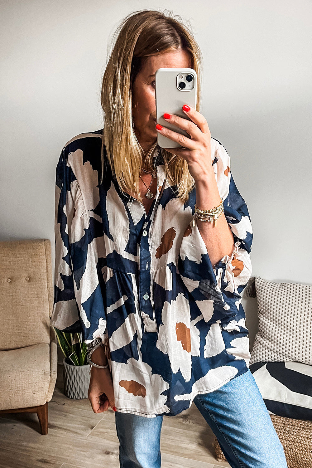 Sail Blue Abstract Floral Print Puff Sleeve Half Button Blouse eAura