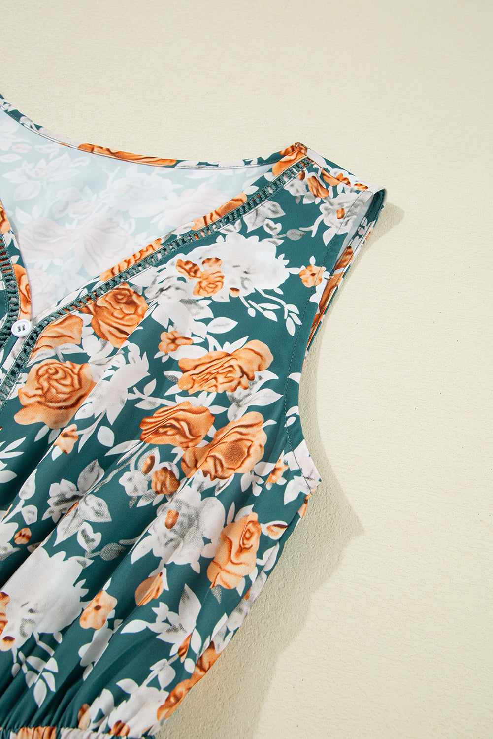 Green Floral Print Trimmed V Neck Tie Waist Sleeveless Holiday Long Dress - eAura