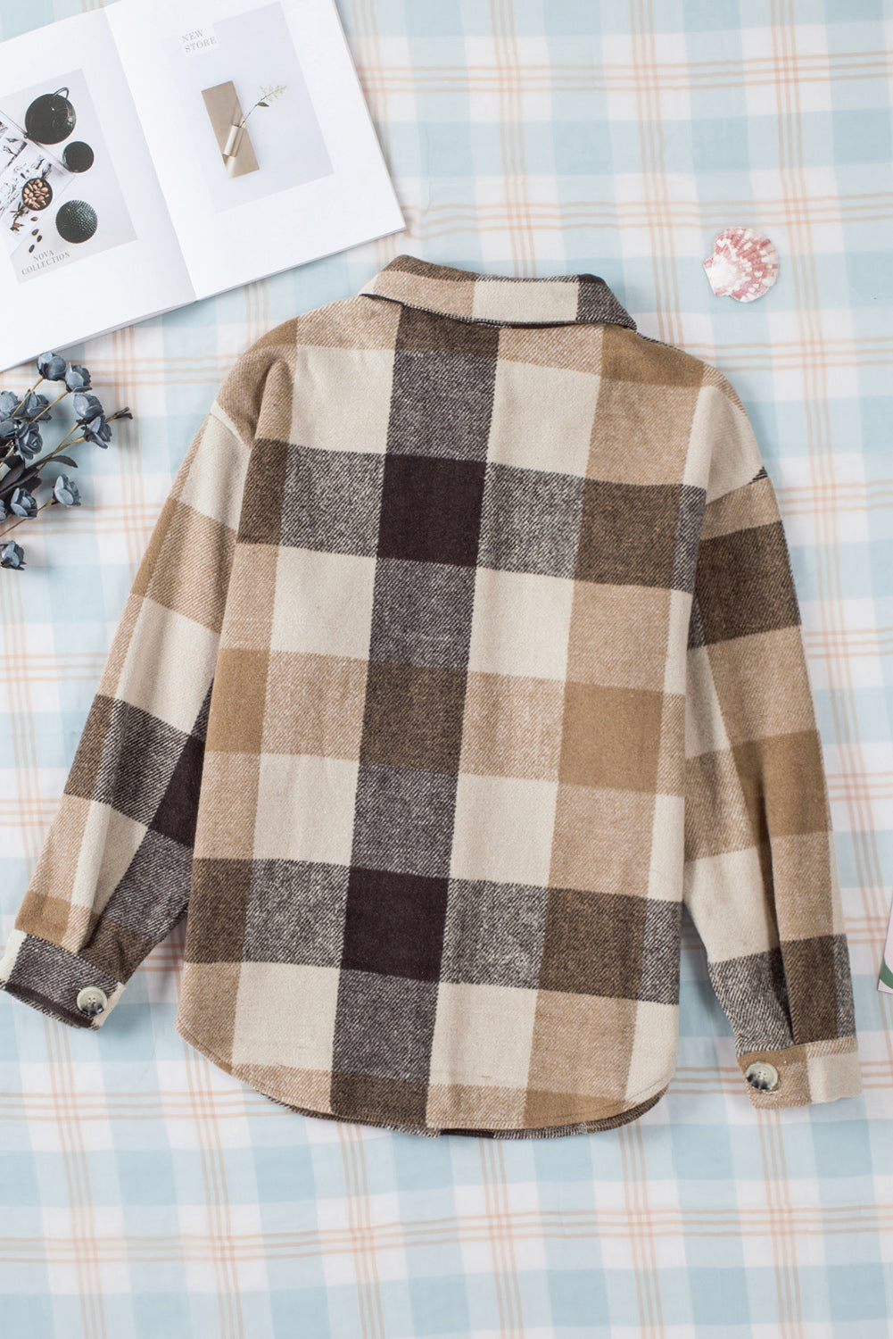 Khaki Plaid Colour Block Buttoned Long Sleeve Jacket with Pocket Beagle Boutique Fashion Outlet