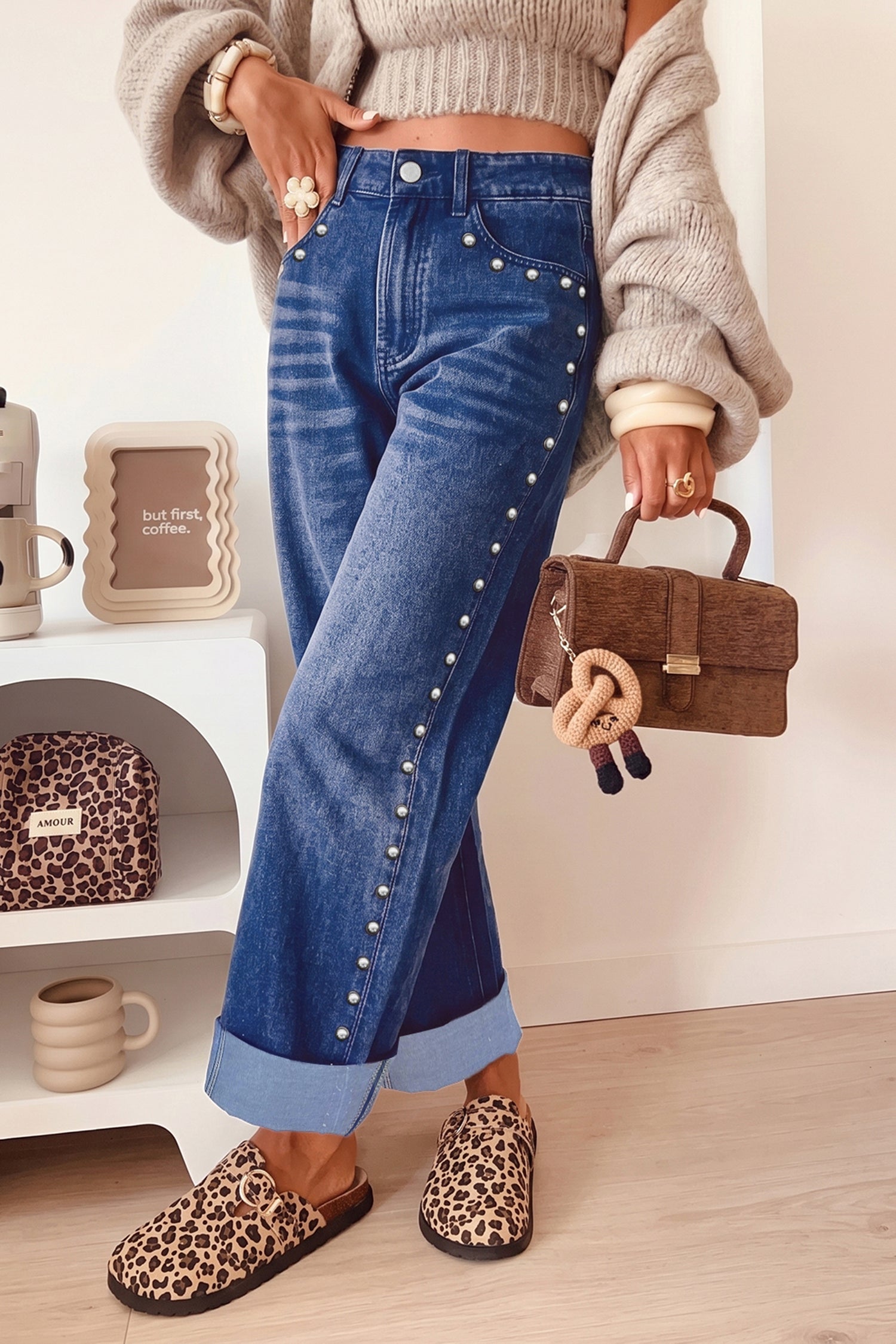 Studded Detail Straight Leg Casual Loose Jeans – Black