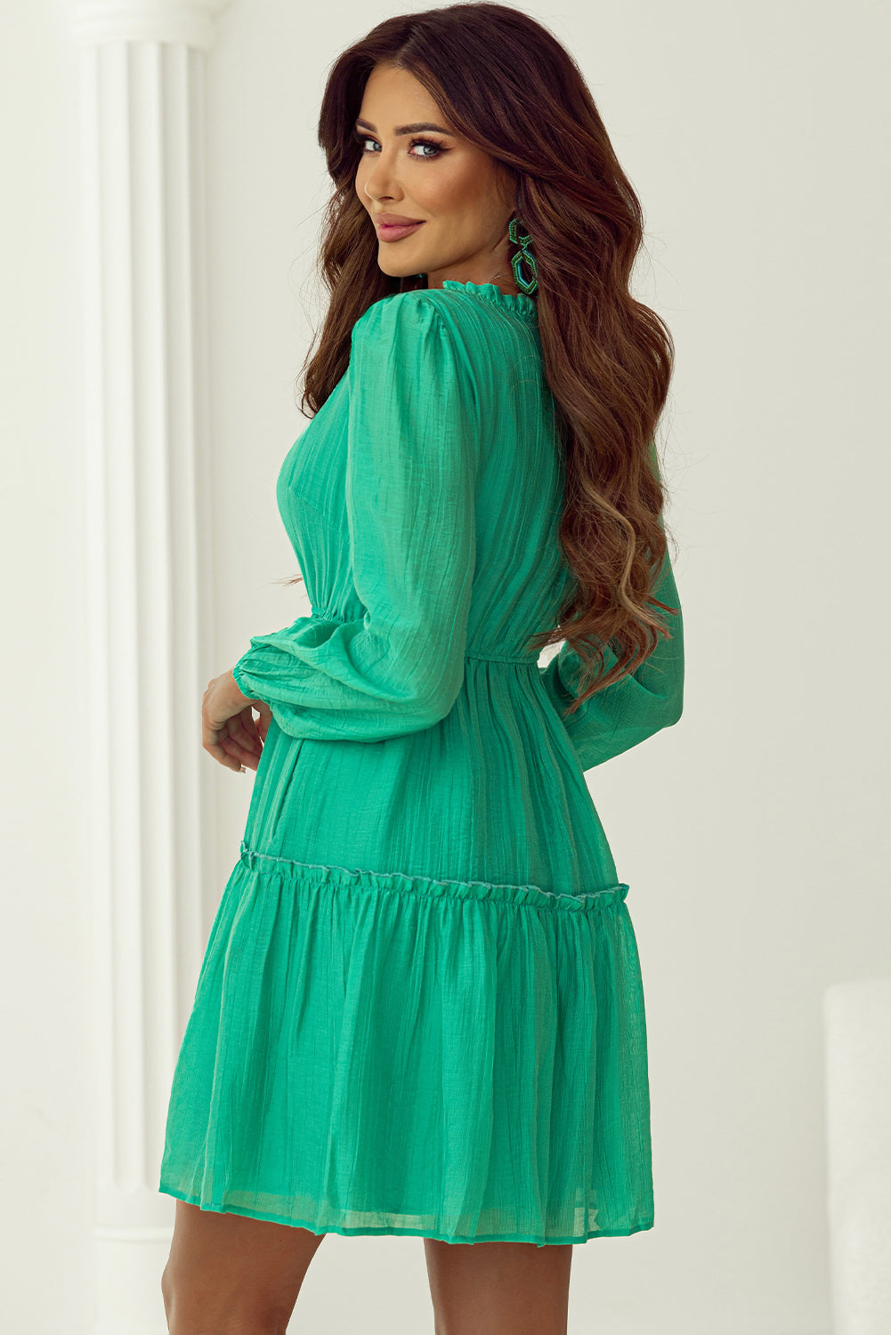 Sea Green Frilly V Neck Puff Sleeve Drawstring Shift Mini Dress eAura