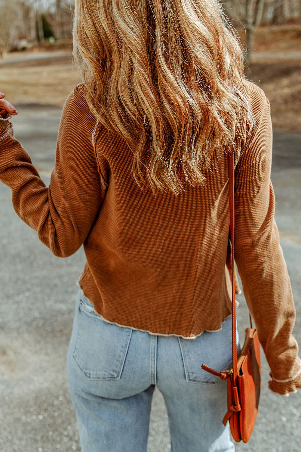 Fiery Red Textured Round Neck Long Sleeve Top eAura