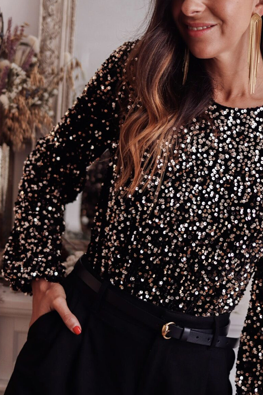 Black Deep V-Back Sequin Puff Sleeve Bodysuit - eAura