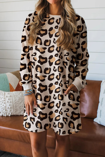 Leopard Print Long Sleeve Shift T-Shirt Dress with Pockets