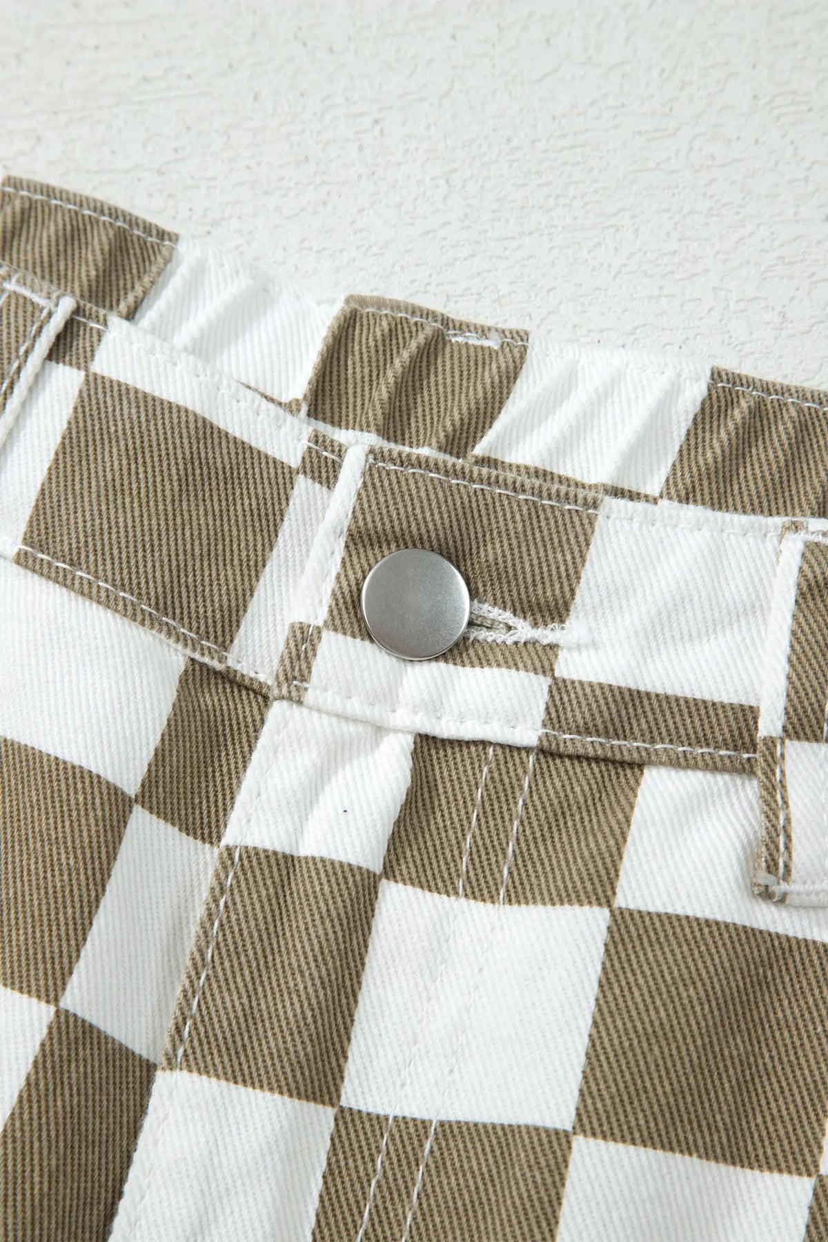 Checkered Print Denim Barrel Pants – White