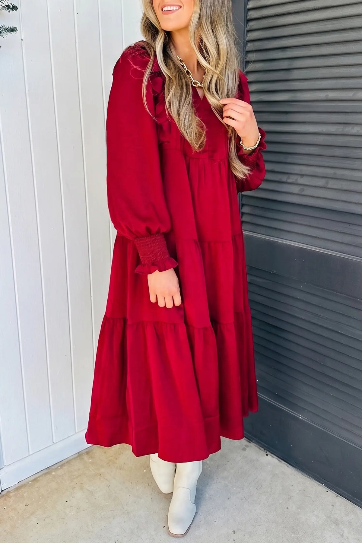 Solid Colour Ruffle Trim Long Sleeve Tiered Shift Midi Dress – Racing Red