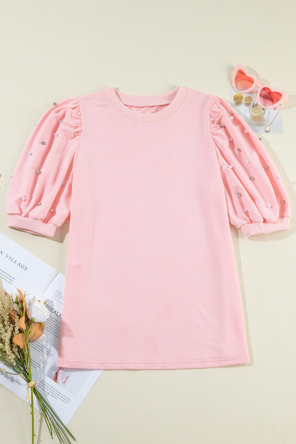 Light Pink Rhinestone Pearl Puff Half Sleeve Top BB Fashion Outlet
