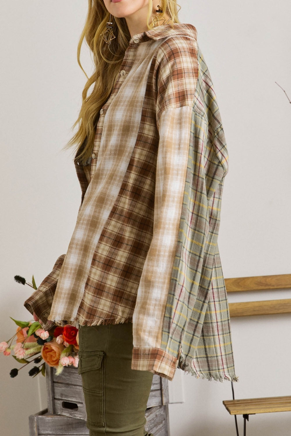 Brown Multi Plaid Patchwork Raw Edge Casual Shirt - eAura