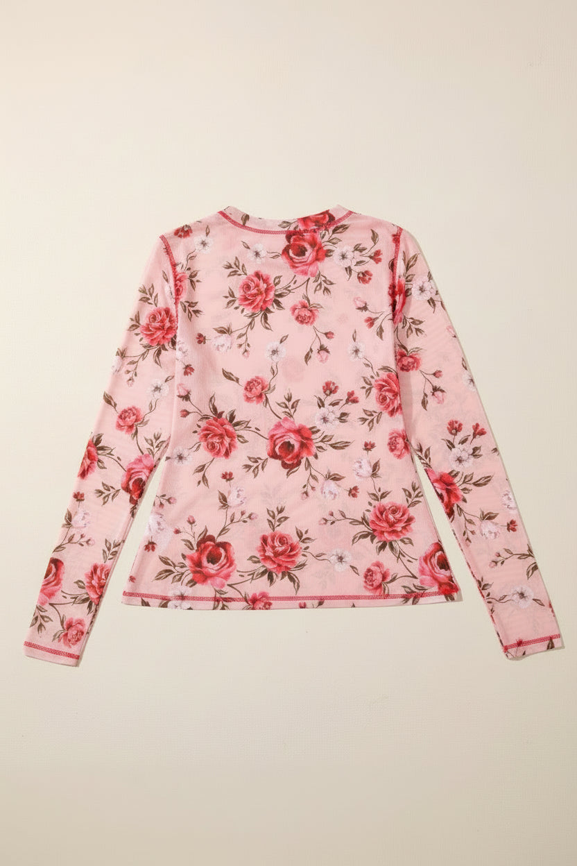 Floral Print Exposed Seam Detail Mesh Long Sleeve Top - eAura