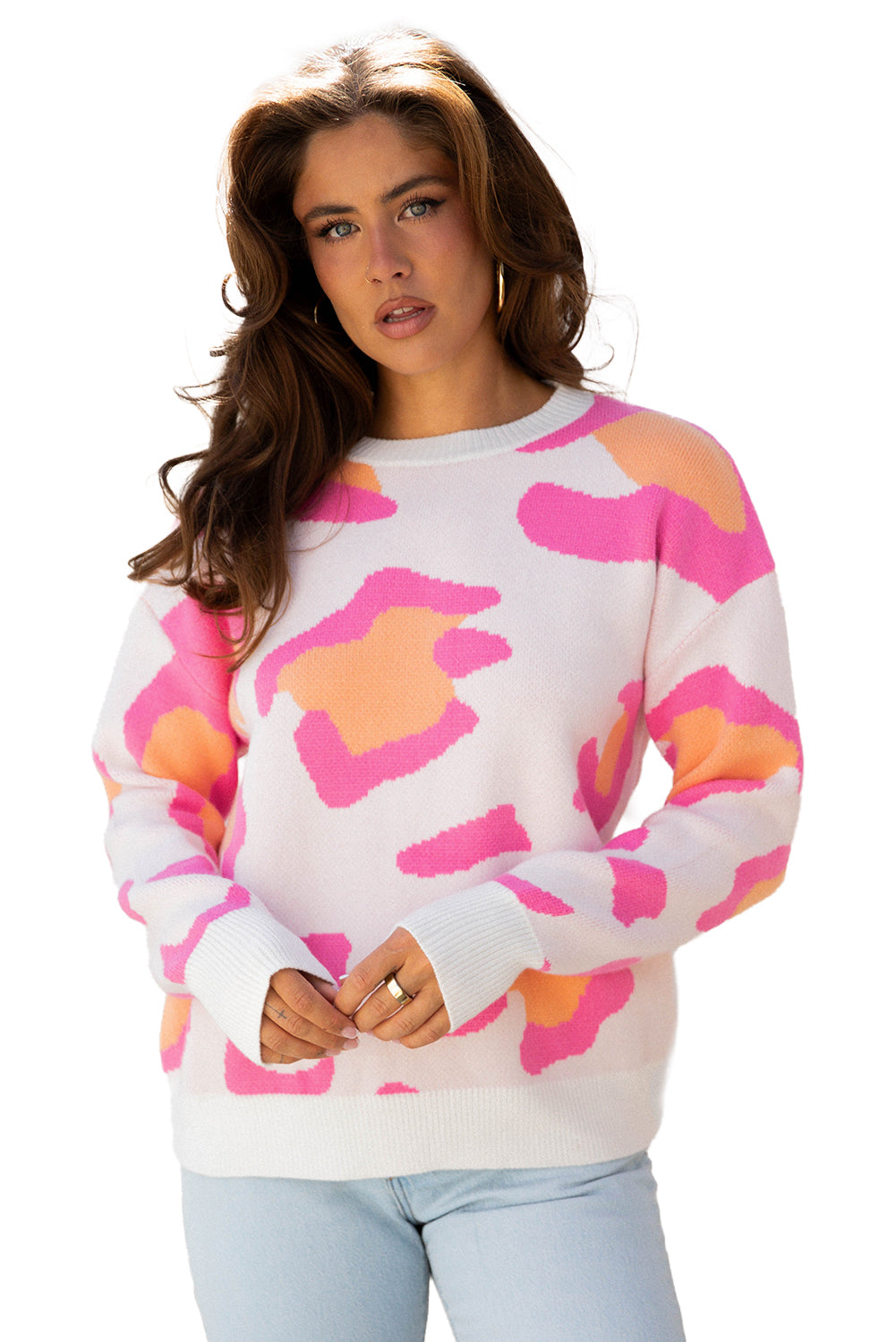 Pink Leopard Print Drop Shoulder Baggy Sweater - eAura