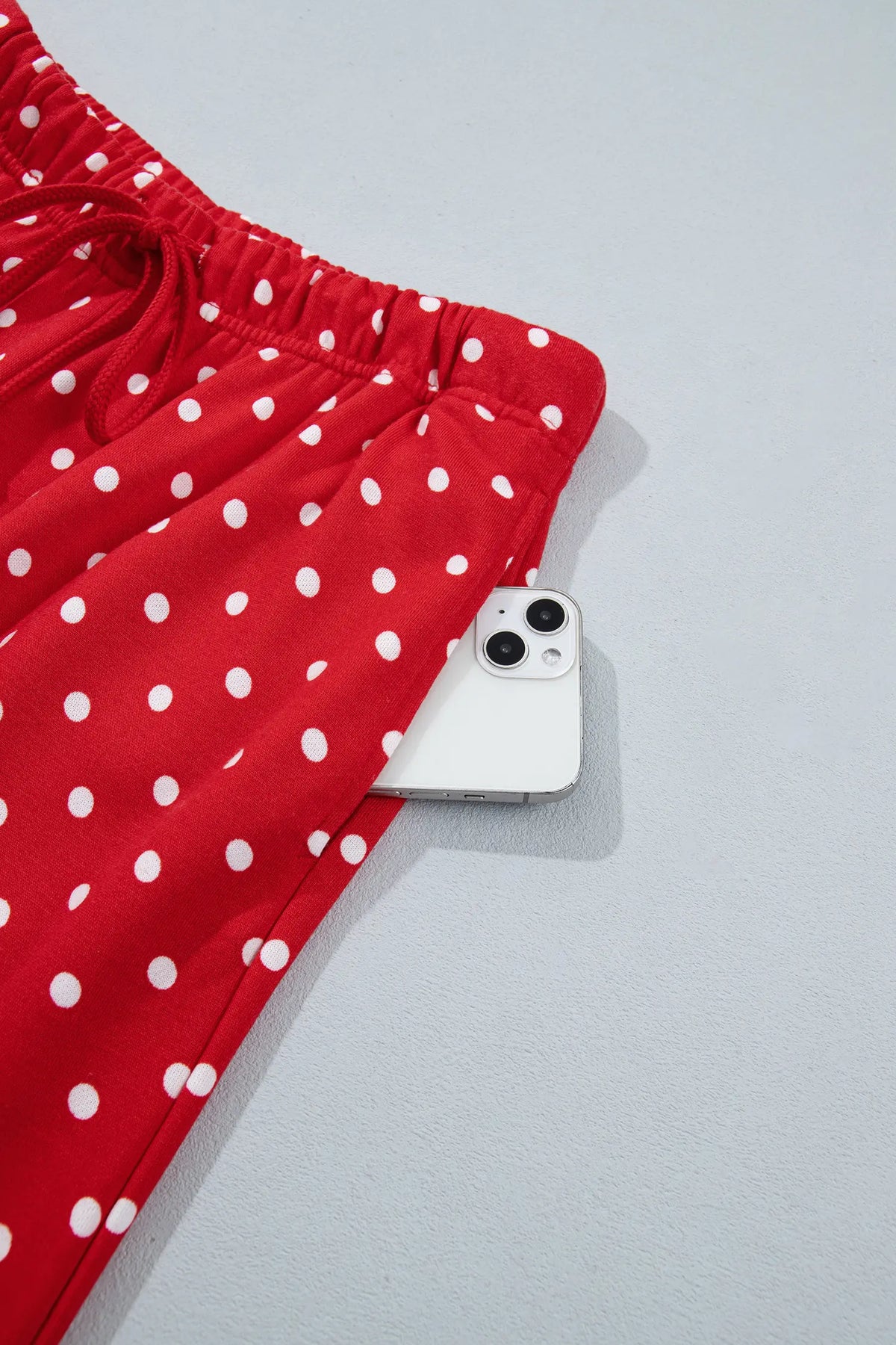 Polka Dot Drawstring Wide Leg Long Sleeve Top Pant Set – Red