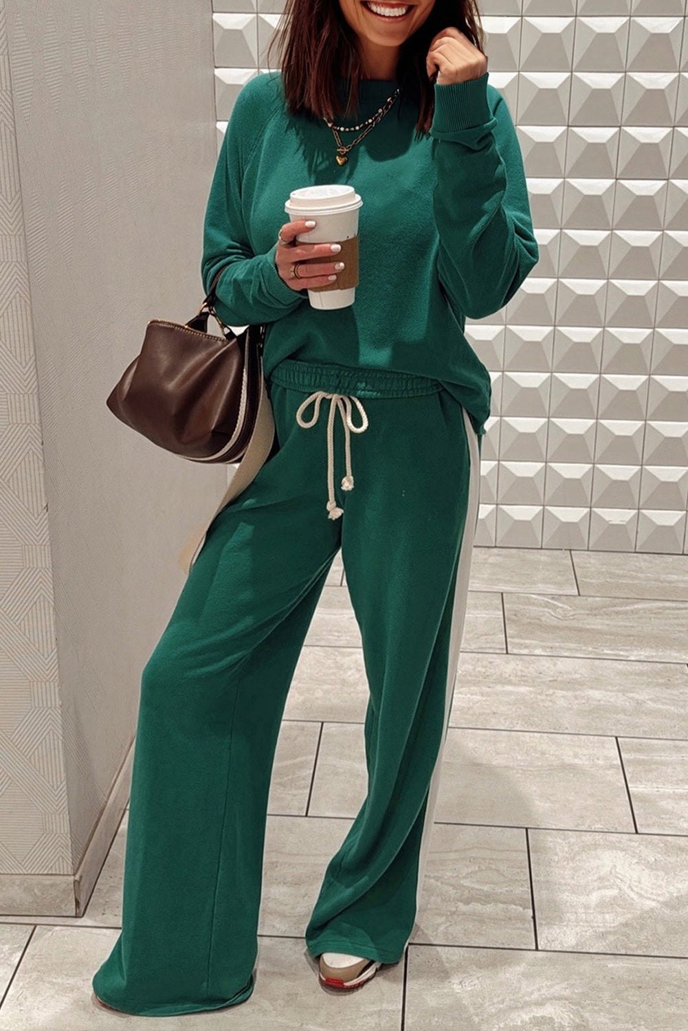 Pullover Top Varsity Stripe Detail & Loose Drawstring Pants Set Dear-Lover Dropshipping