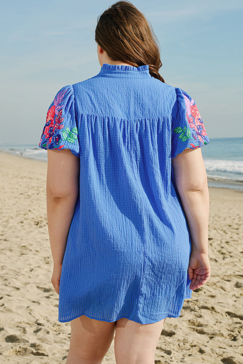Sky Blue Plus Size Floral Embroidered Puff Sleeve Gingham Mini Dress BB Fashion Outlet