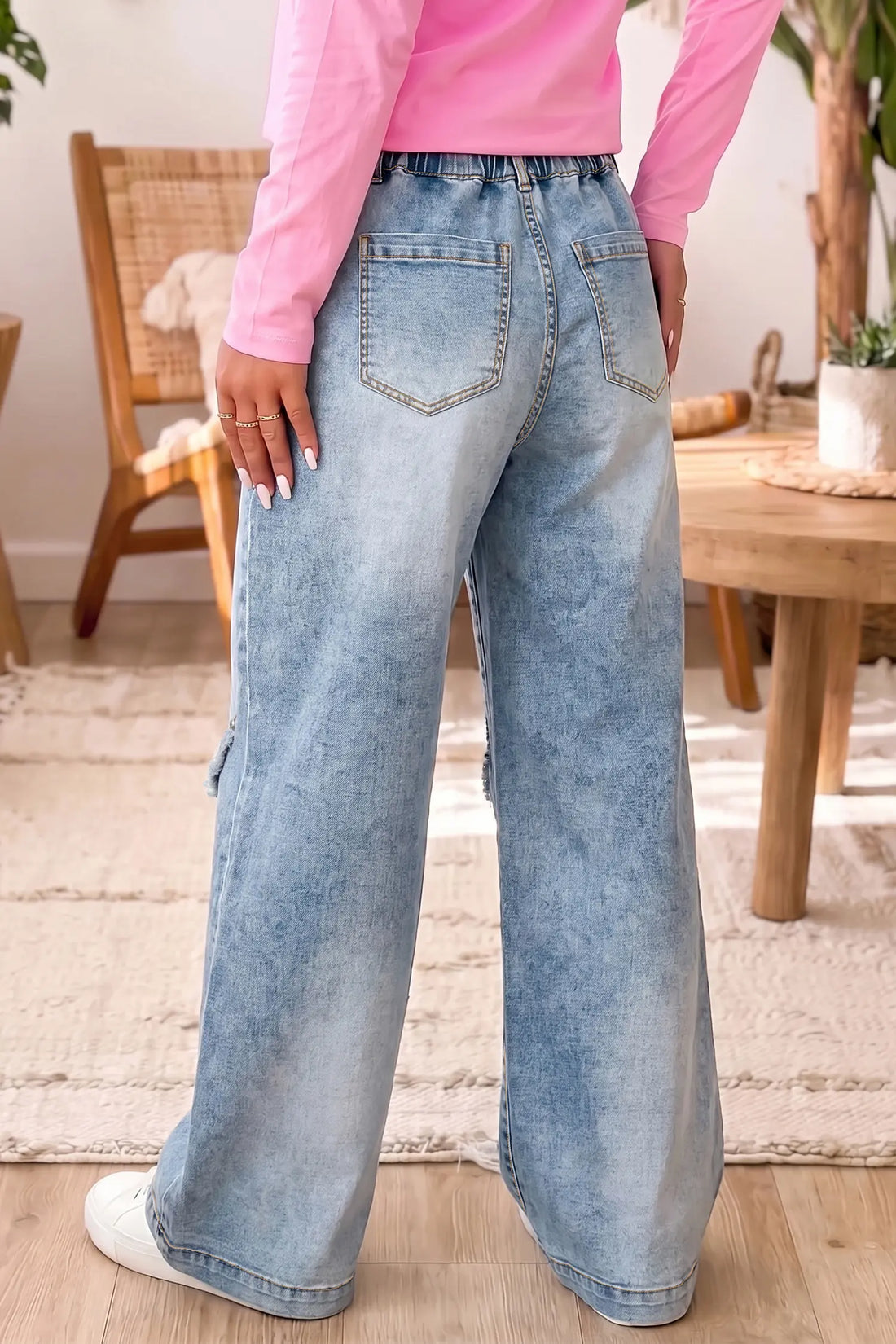 Beau Frayed Studded Detail Wide Leg Pocketed Jeans