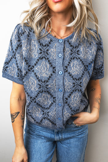 Short Sleeve Button Front Boho Knit Top Cardigan – Dark Blue