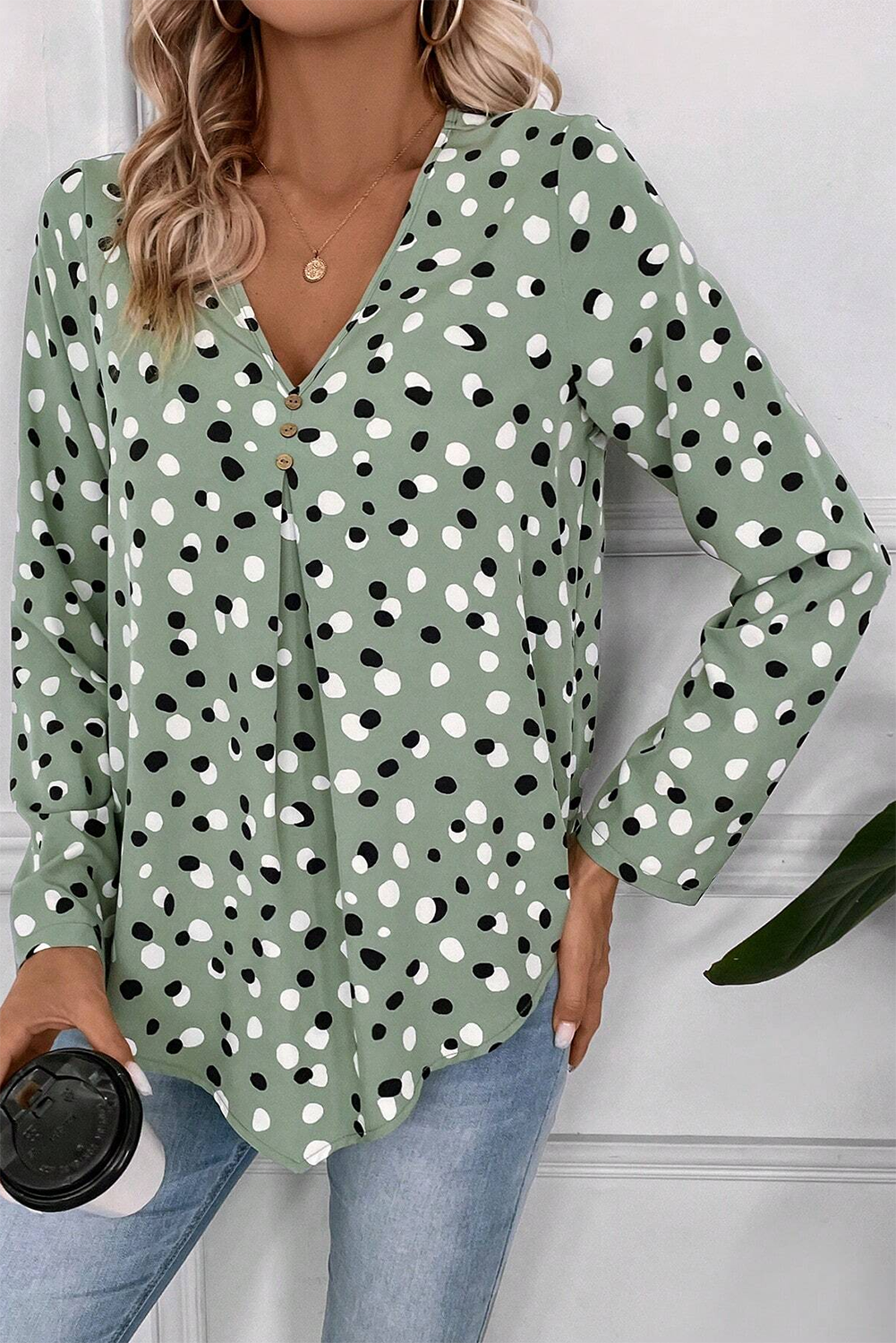 Green Dotted Print Button Front V-Neck Blouse