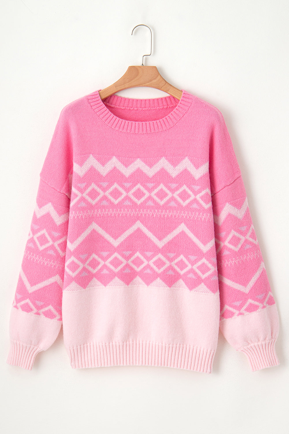 Pink Western Aztec Geometric Drop Shoulder Sweater eAura