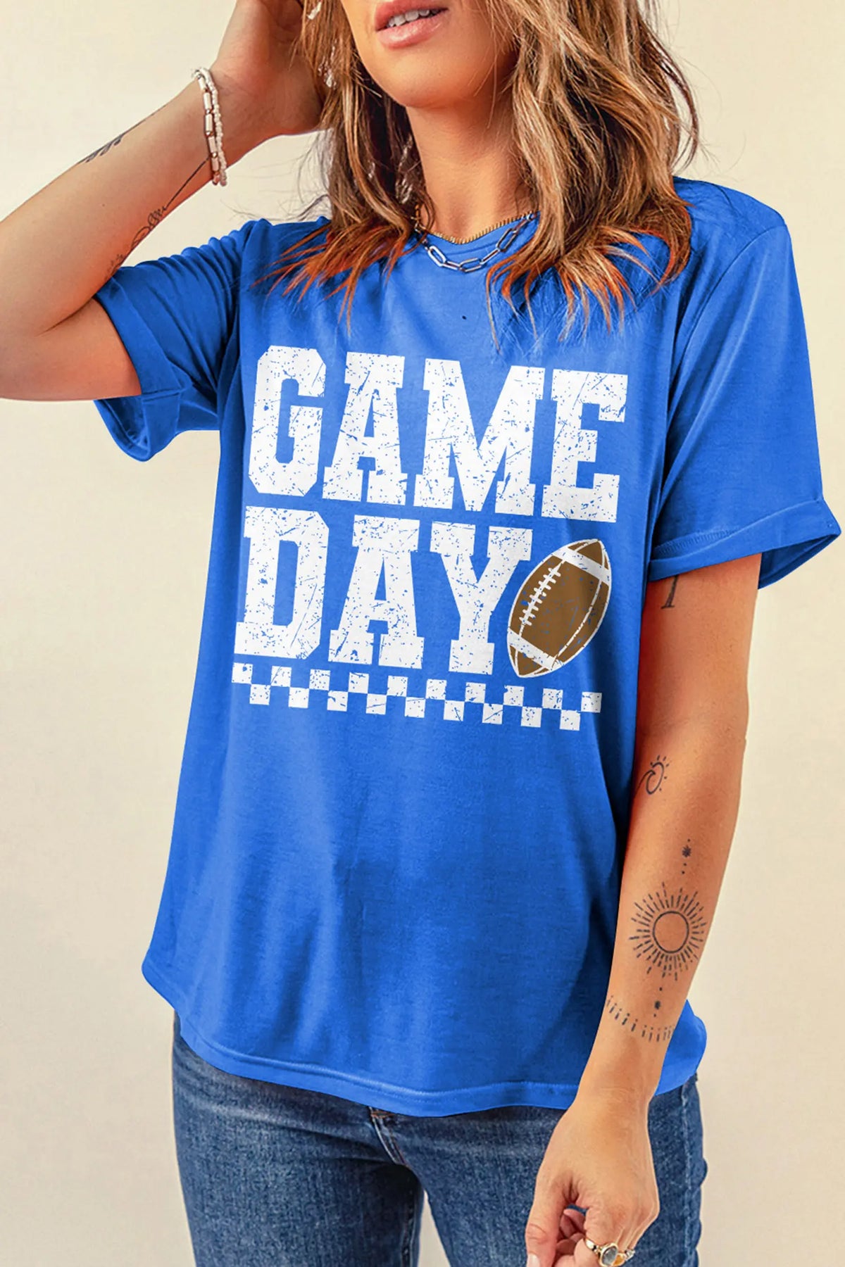 GAME DAY Checkered Print Rugby Graphic T Shirt – Dark Blue