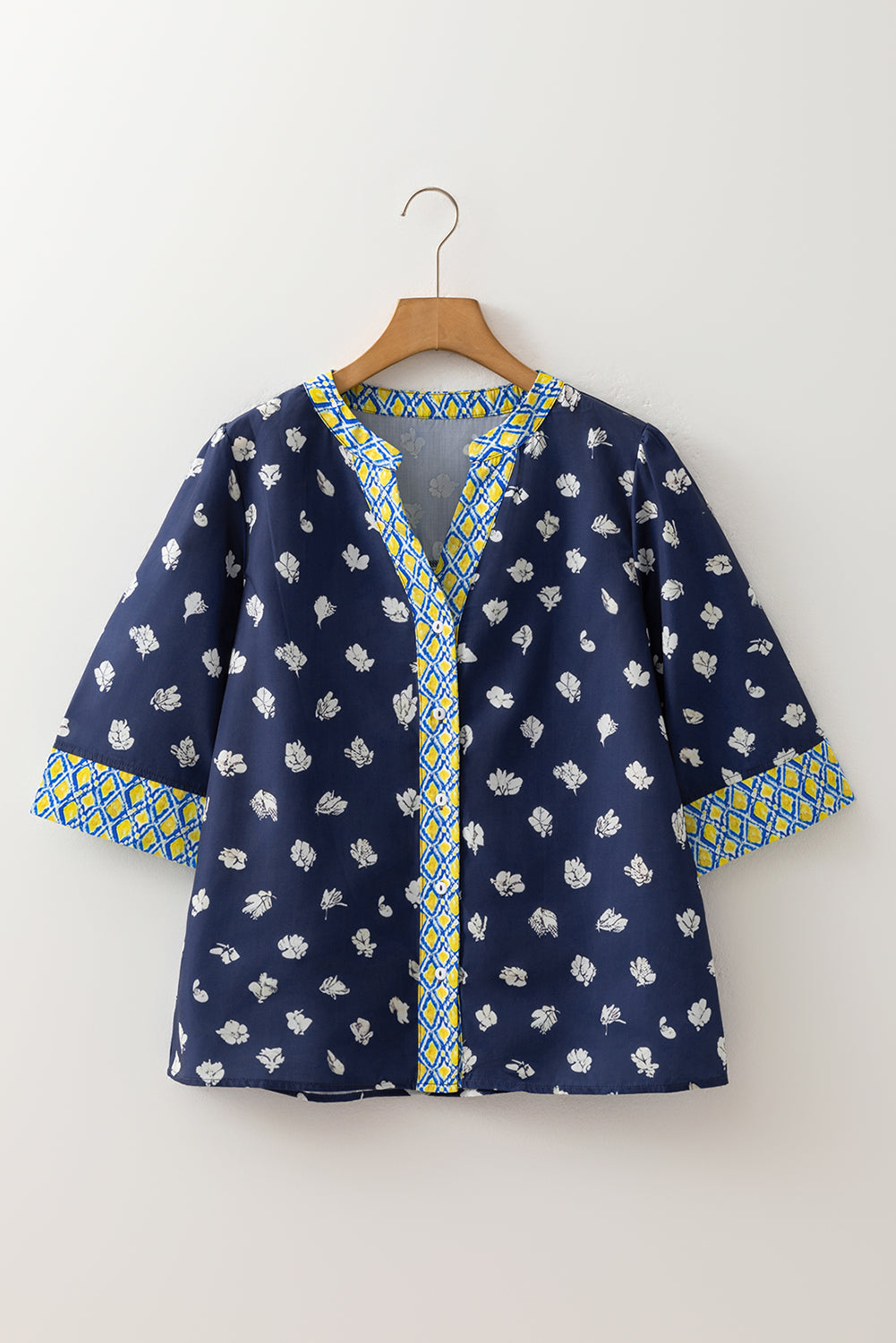 Blue Floral Print Half Sleeve Contrast Trim V Neck Blouse Dear-Lover Dropshipping