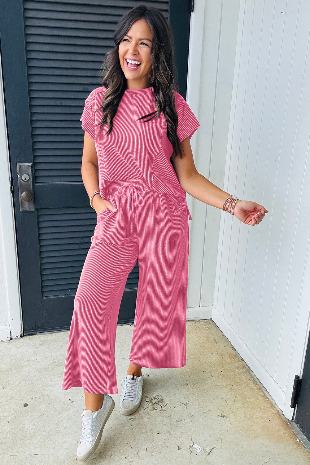 Bright Pink Solid Ribbed Knit Short Sleeve T Shirt and Wide Leg Trousers Set eAura