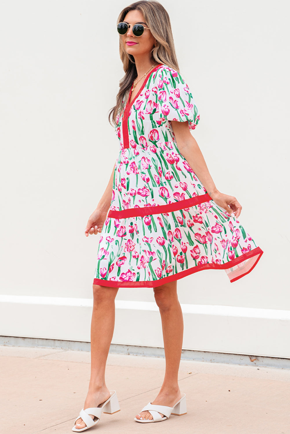 Pink Floral Print Contrast Trim V Neck Bubble Short Sleeve Babydoll Dress eAura