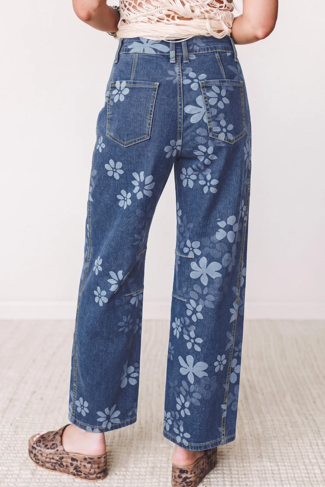Blue Floral Print Ankle Length Casual Pocket Jeans