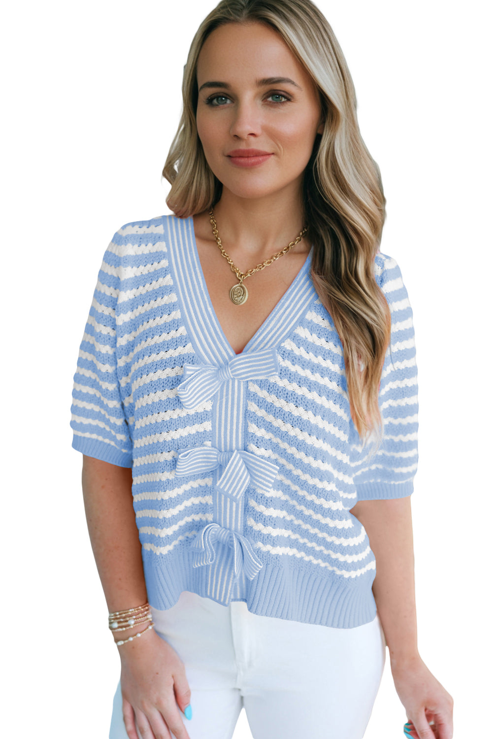 Stripe Short Sleeve V-Neck Bow Knot Knit Sweater