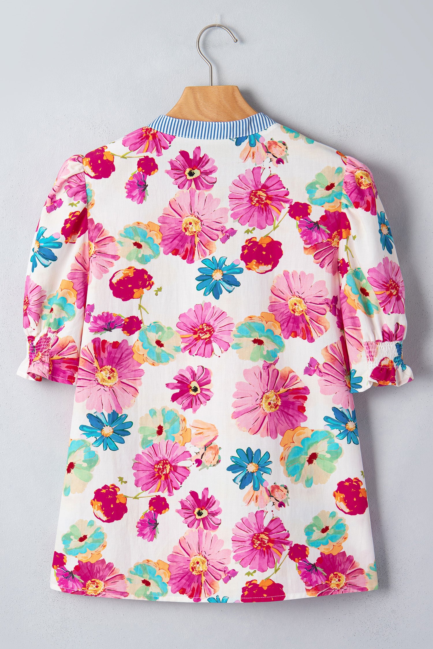 Floral Print Short Puff Sleeve Striped Trim V Neck Blouse – Beige
