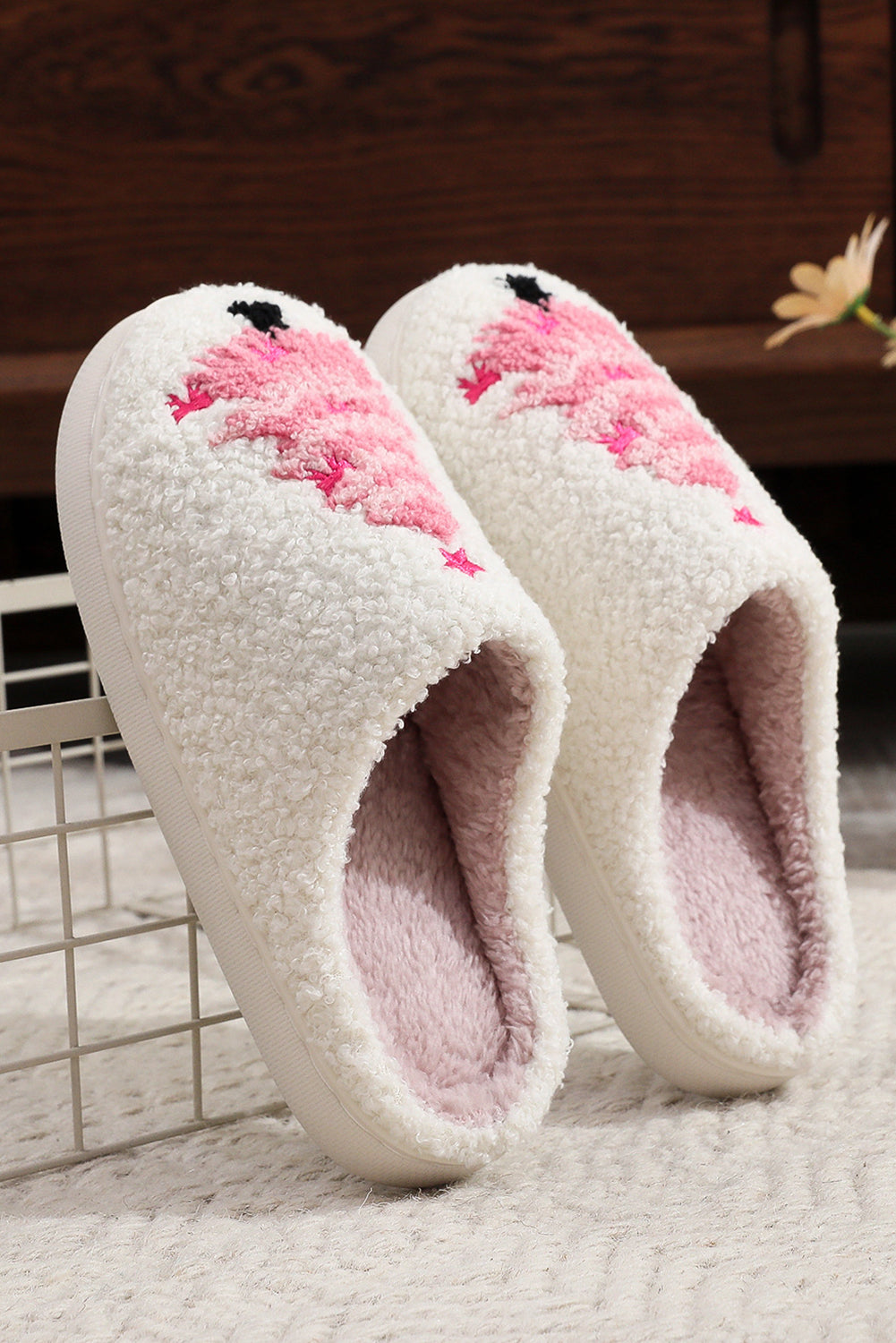 White Plush Christmas Tree Color Contrasted Liner House Slippers - eAura