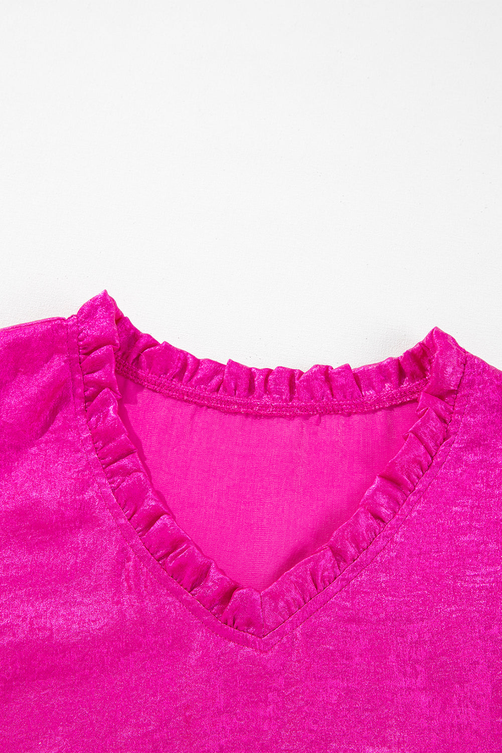 Rose Red Metallic Frilled V Neck Puff Sleeve Babydoll Blouse eAura