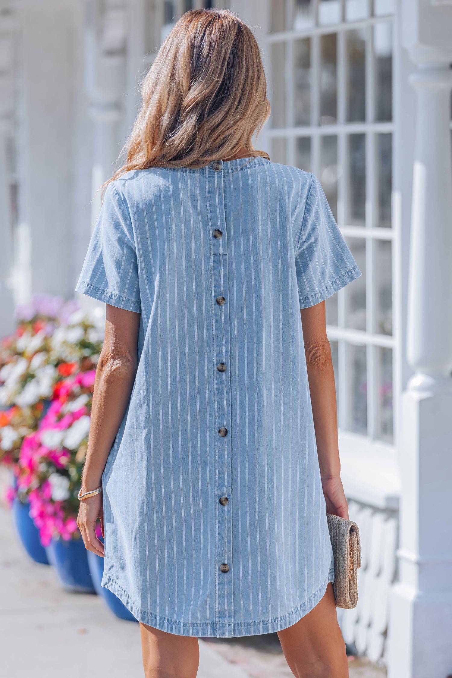 Stripe Buttoned Back T-Shirt Denim Mini Dress