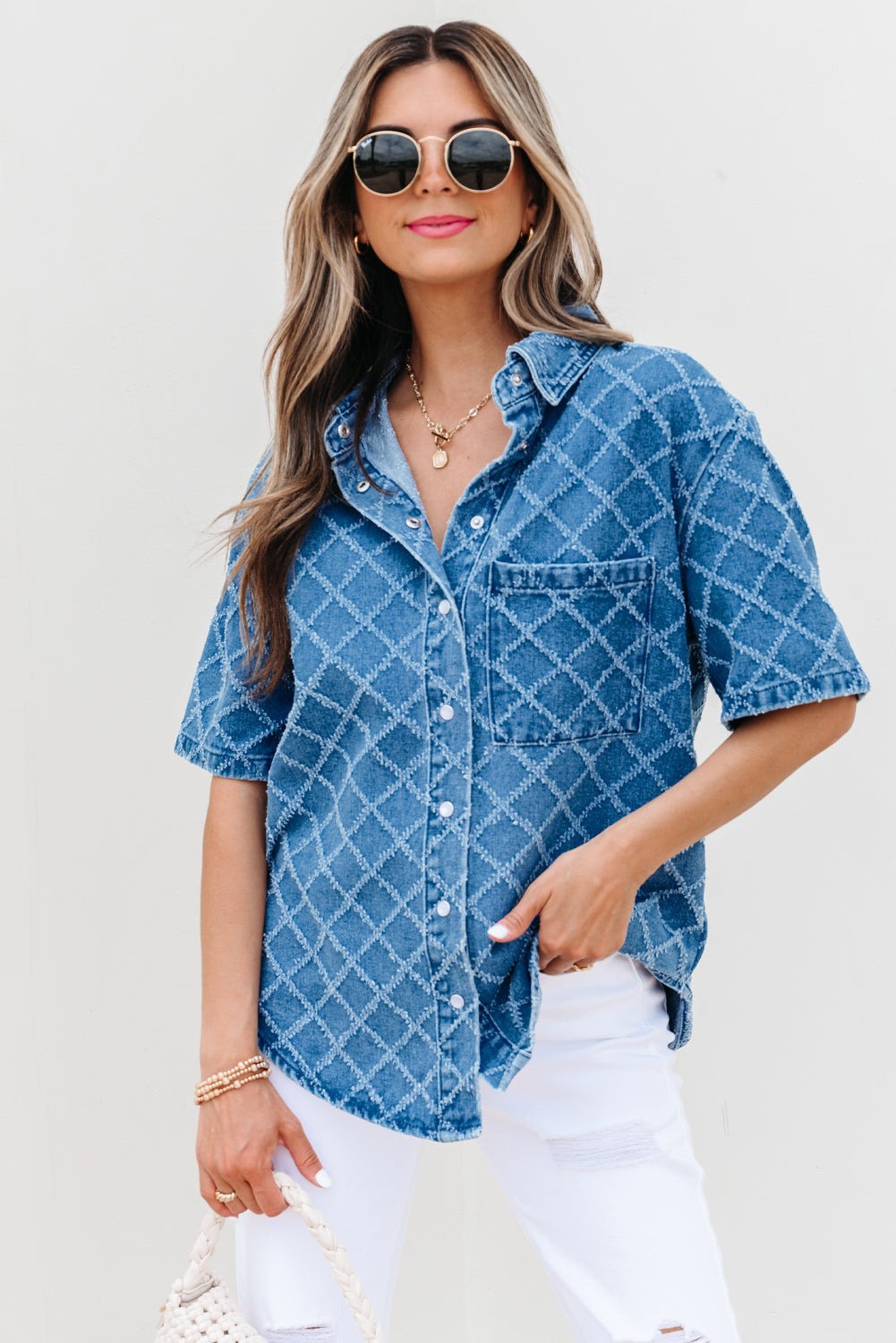 Dusk Blue Checkered Textured Short Sleeve Patched Pocket Denim Shirt eAura