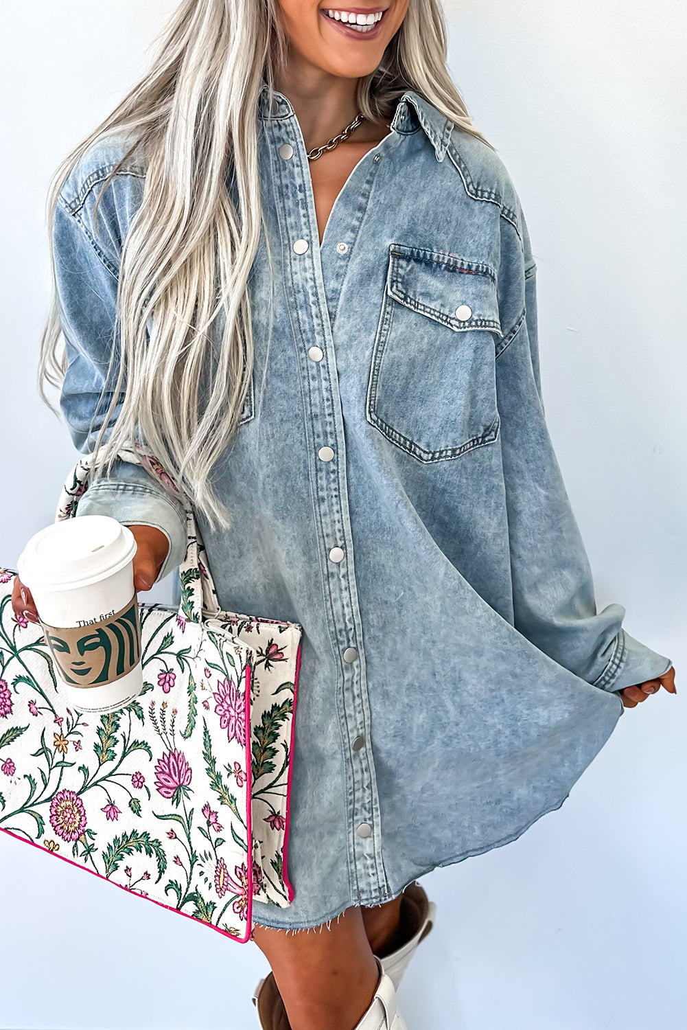 Beau Blue Chest Pocket Raw Hem Denim Baggy Shirt Dress Dear-Lover Dropshipping