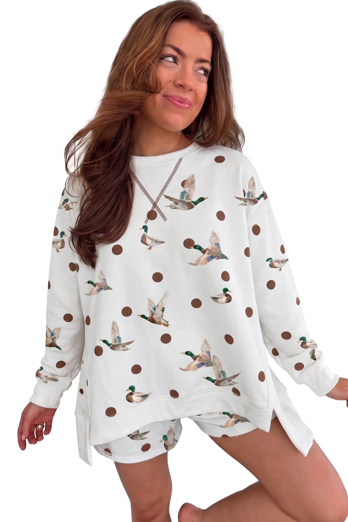 Co-ord short set oversized pullover and shorts - polka dot mallard print
