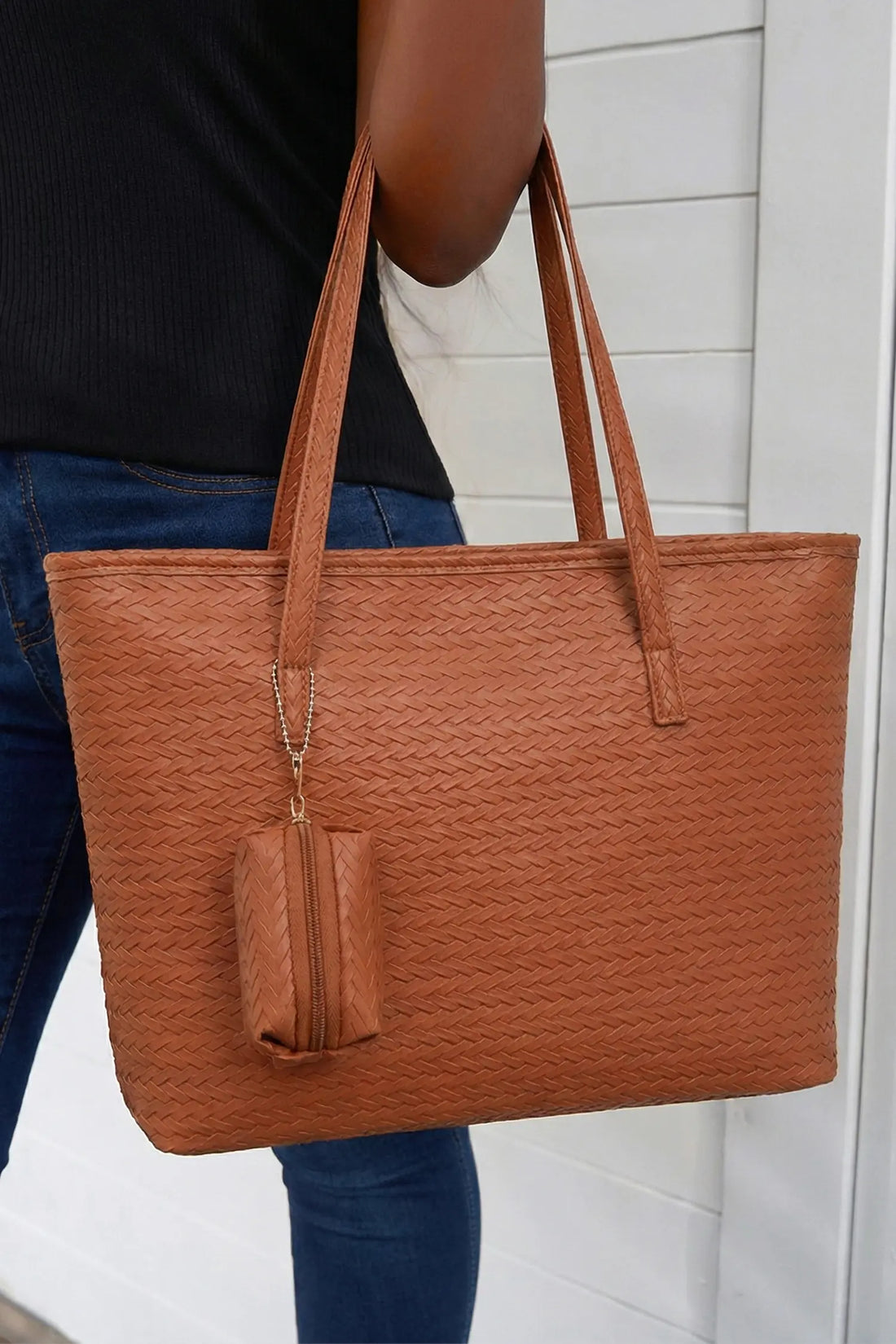 Leatherette Woven Tote Bag with Detachable Pouch