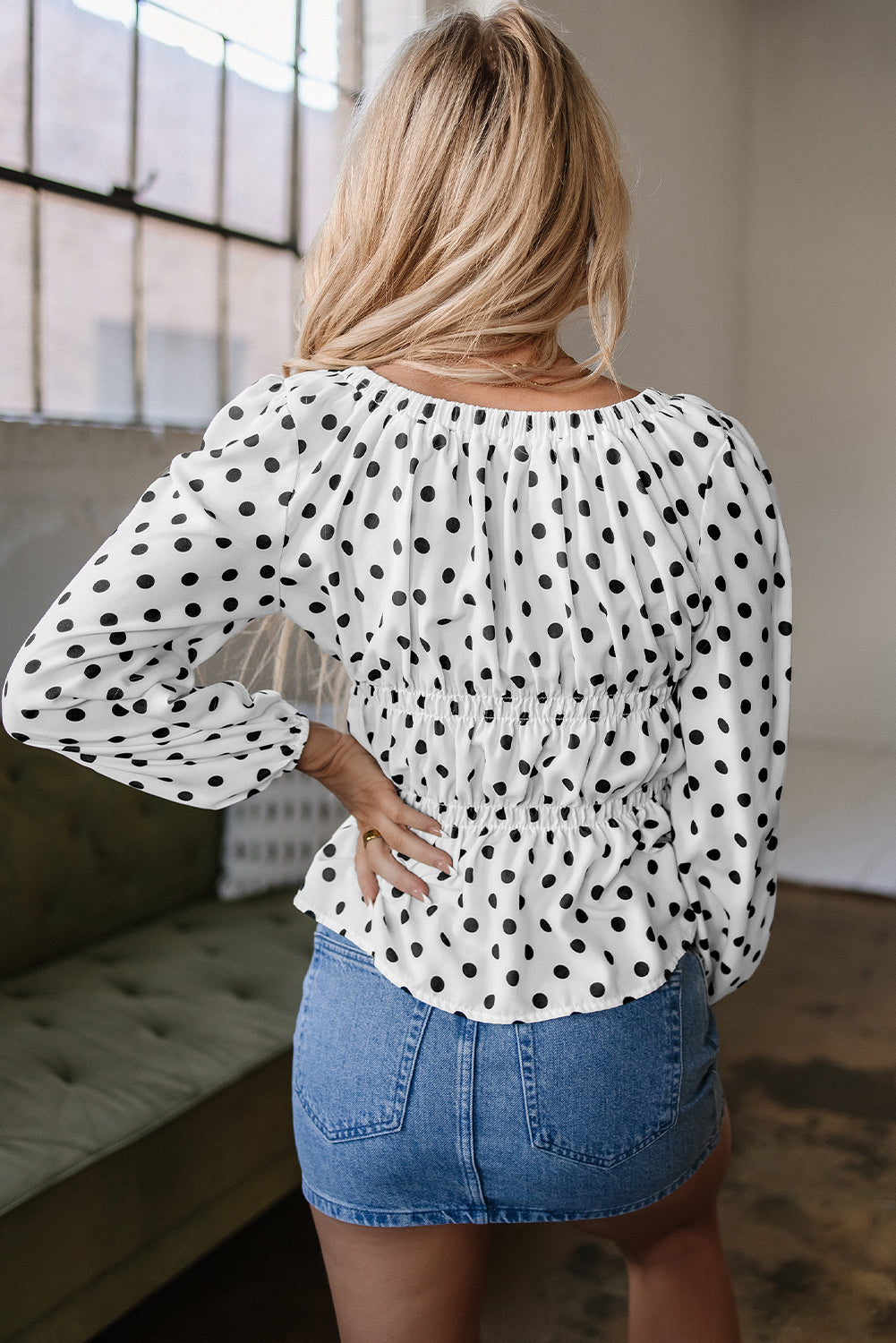 Black Polka Dot Puff Sleeve Bow Square Neck Peplum Top eAura