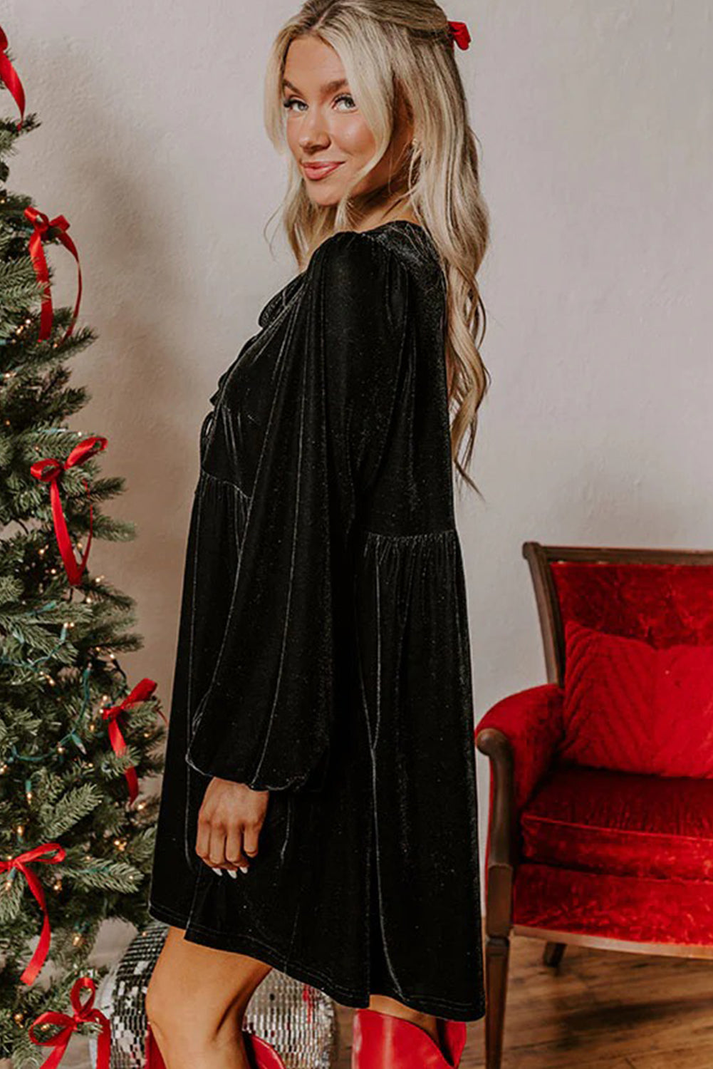 Front Tie Velvet Bubble Sleeve Mini Dress - eAura