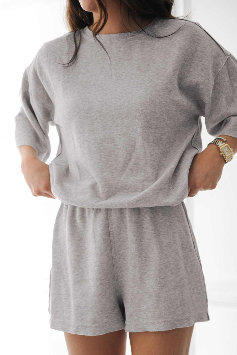 Grey Solid Colour Loose Tee 2 Piece Shorts Set eAura