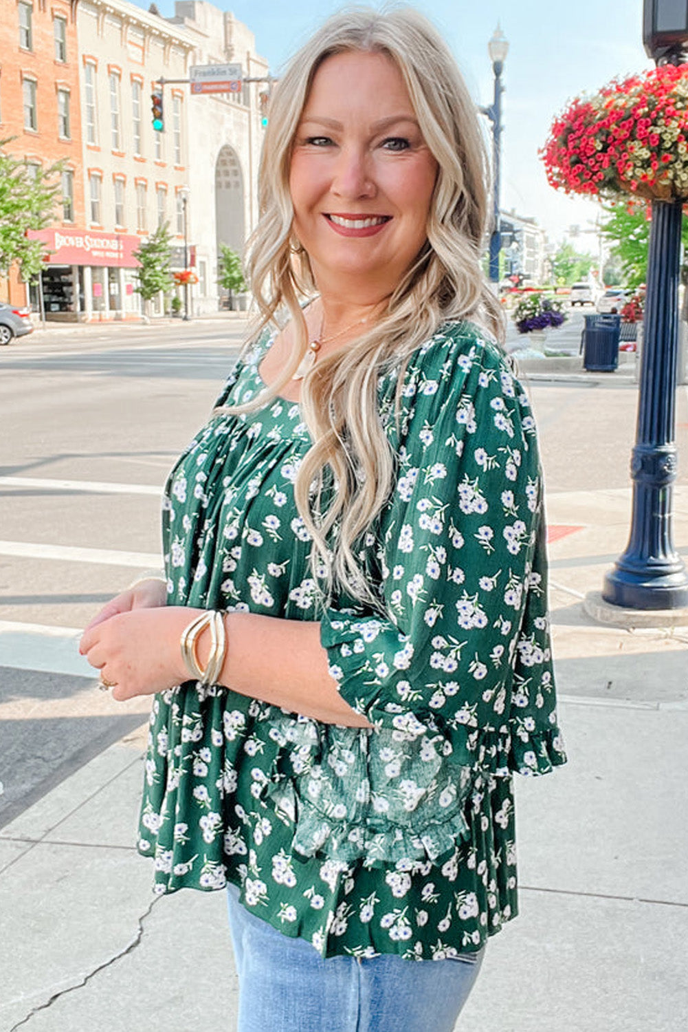 Green Floral Print Square Neck Ruffled Trim Plus Size Blouse BB Fashion Outlet